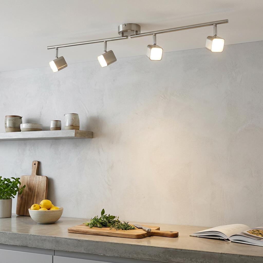 Silver four-light LED spotlight on a split bar, illuminating a modern kitchen with a concrete countertop.