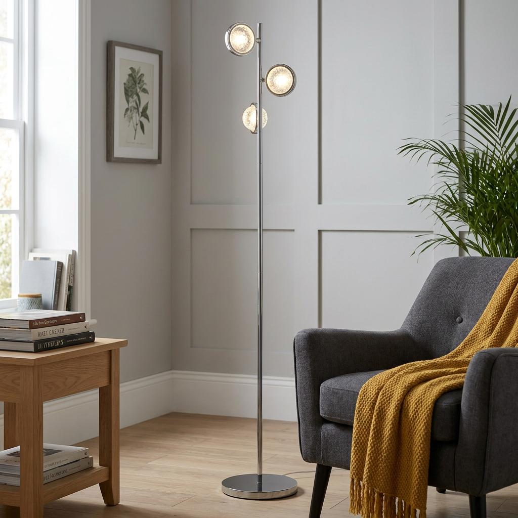 Chrome floor lamp with three glowing bubble glass discs in a living room setting with a grey armchair.