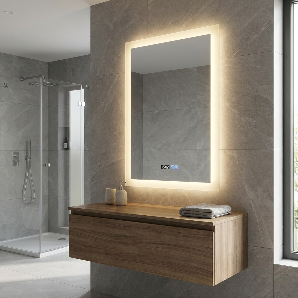 Illuminated rectangular bathroom mirror with digital clock above a wood vanity in a grey tiled bathroom.