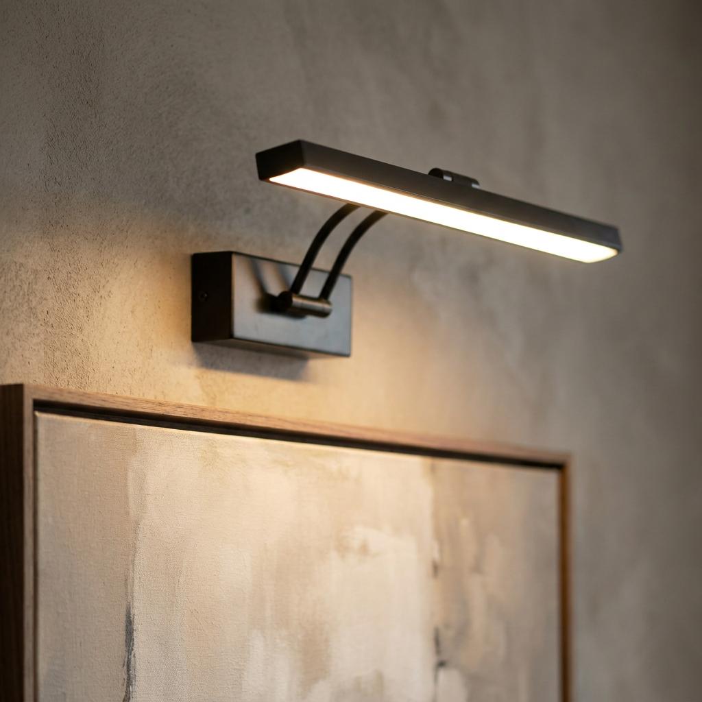 A modern black LED picture light illuminates an abstract painting on a textured wall.