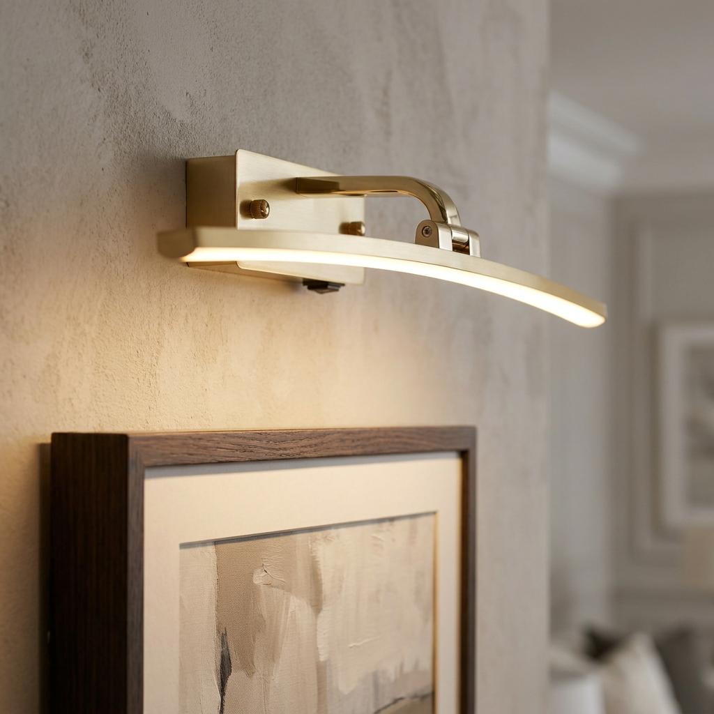 Curved brass LED picture light mounted on a textured wall, illuminating a framed piece of art.