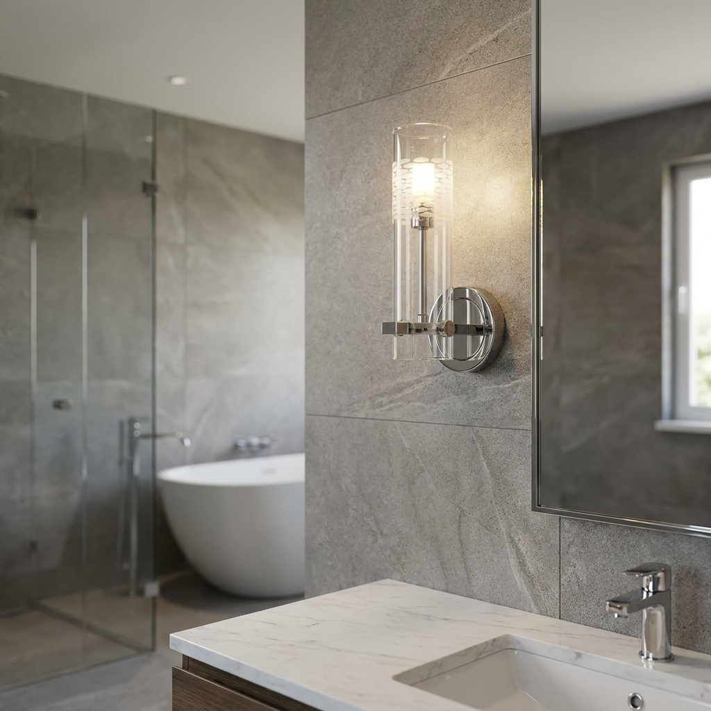 Searchlight Scope chrome wall light with etched glass shade mounted on a grey stone wall in a modern bathroom.