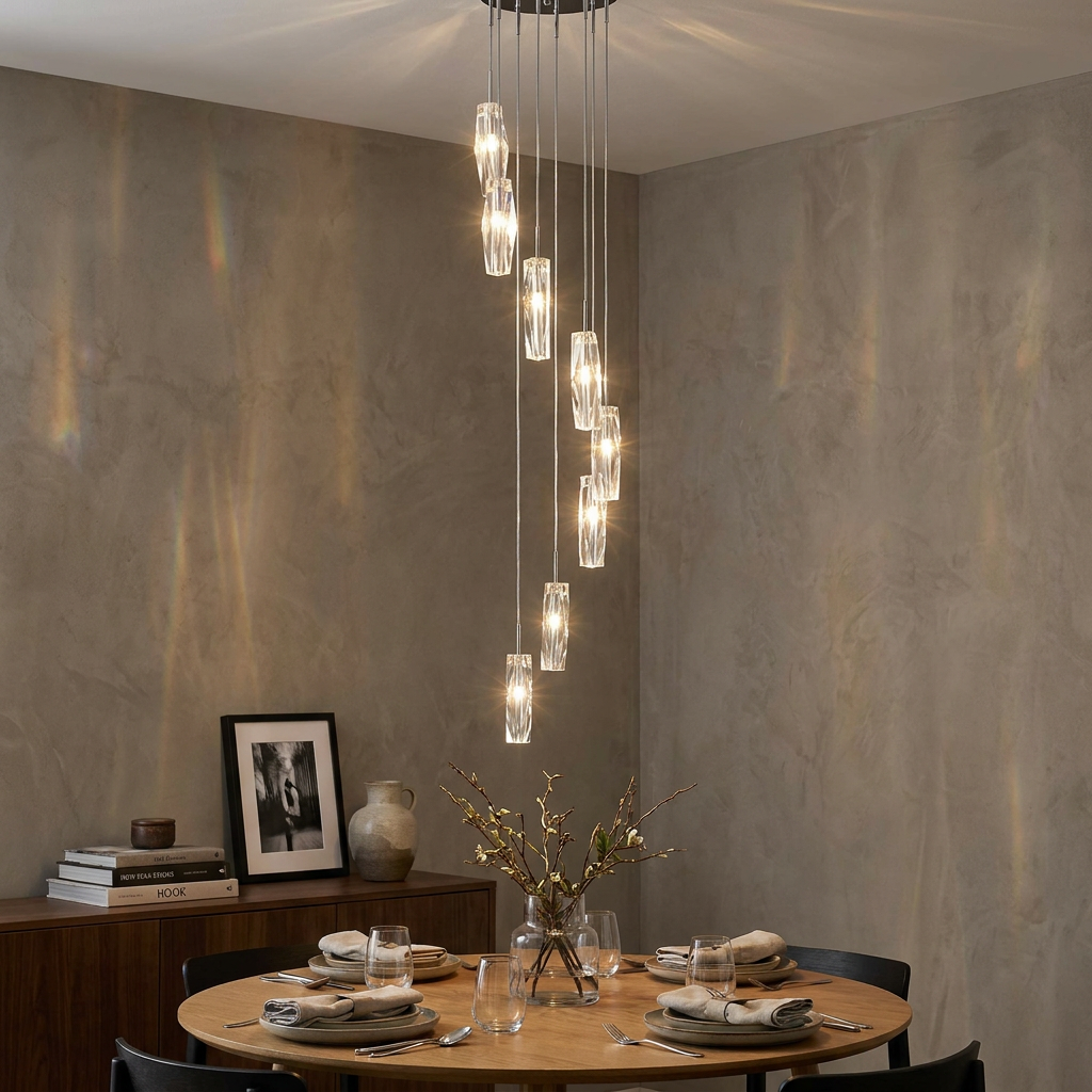 Sculptured ice glass multi-drop pendant light fixture illuminating a dining area with a round wooden table.
