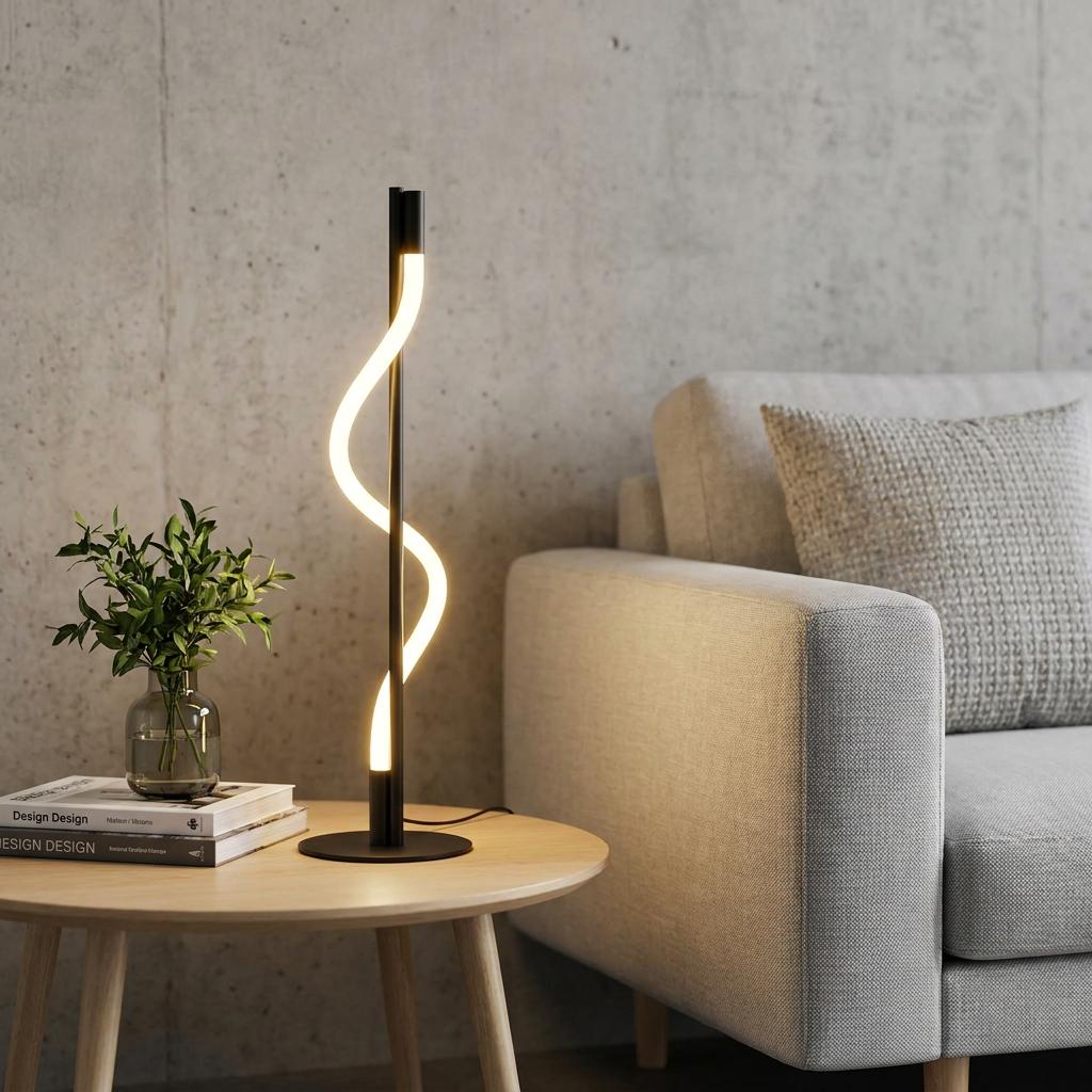 Modern black table lamp with a glowing serpentine LED element on a wooden side table next to a grey sofa.