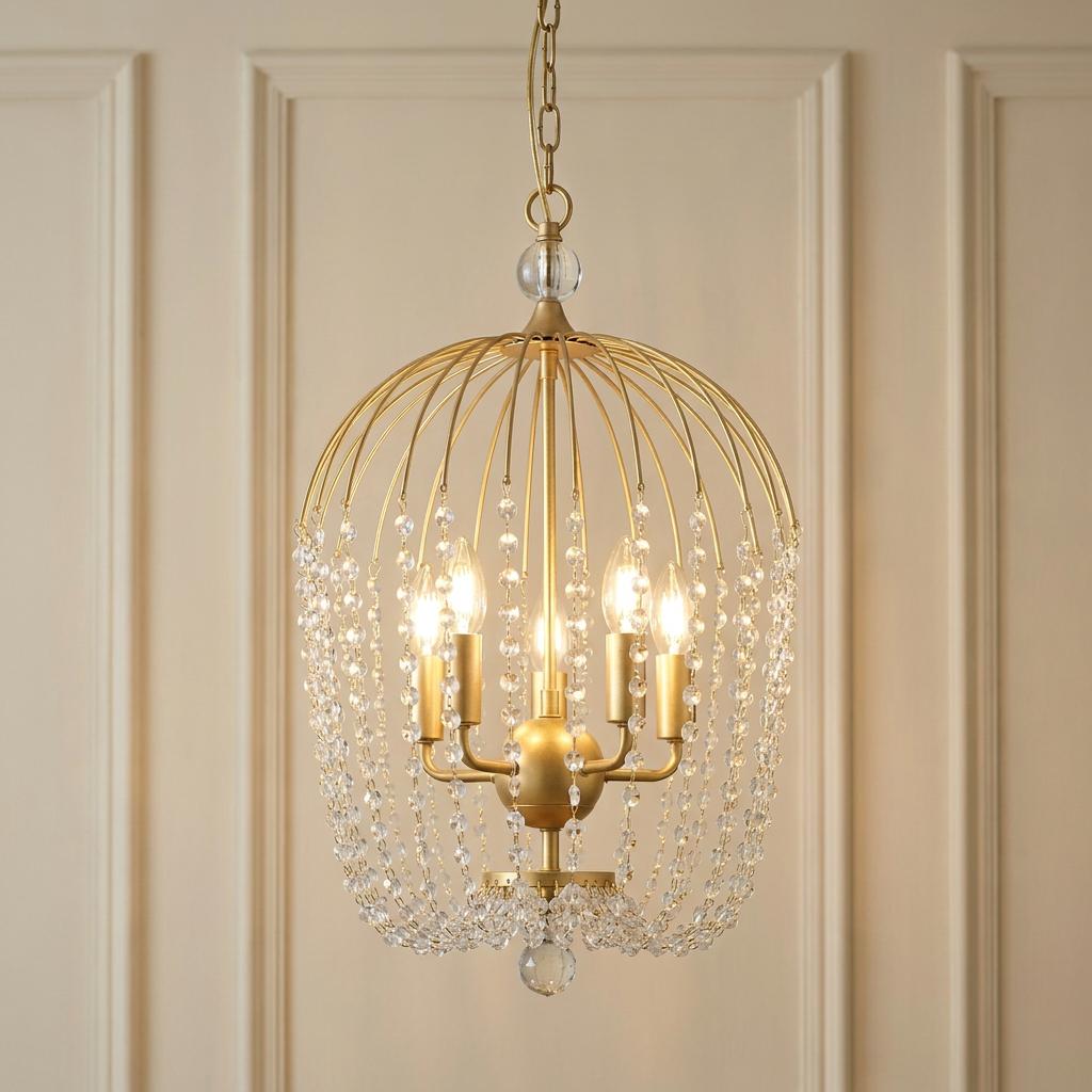 Gold birdcage-style chandelier with cascading crystal beads and five lit bulbs against a neutral paneled wall.