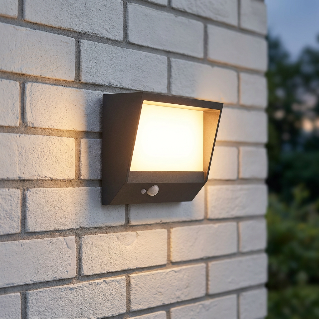 Black angular LED solar wall light with a motion sensor glowing on a white brick wall.