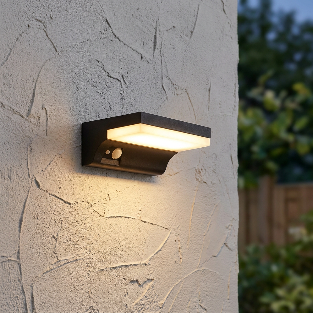 Modern black solar wall light emitting a warm glow on a textured white exterior wall at twilight.
