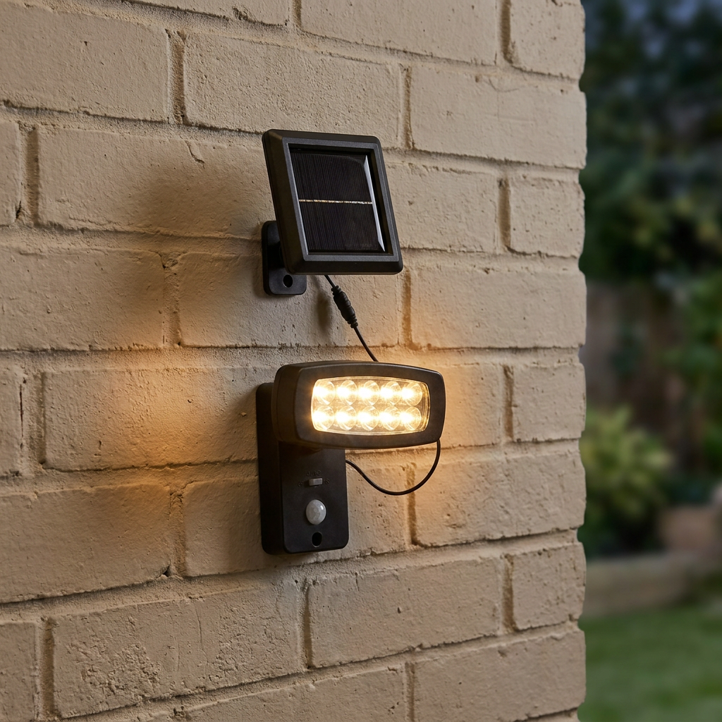 Black solar-powered LED outdoor wall light with separate solar panel and PIR sensor mounted on a brick wall.