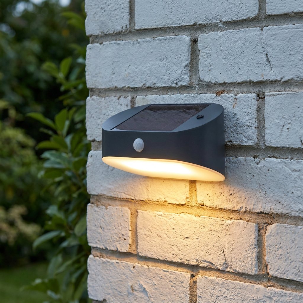 A grey solar-powered LED wall light with a PIR sensor casting a warm glow onto a white brick wall.