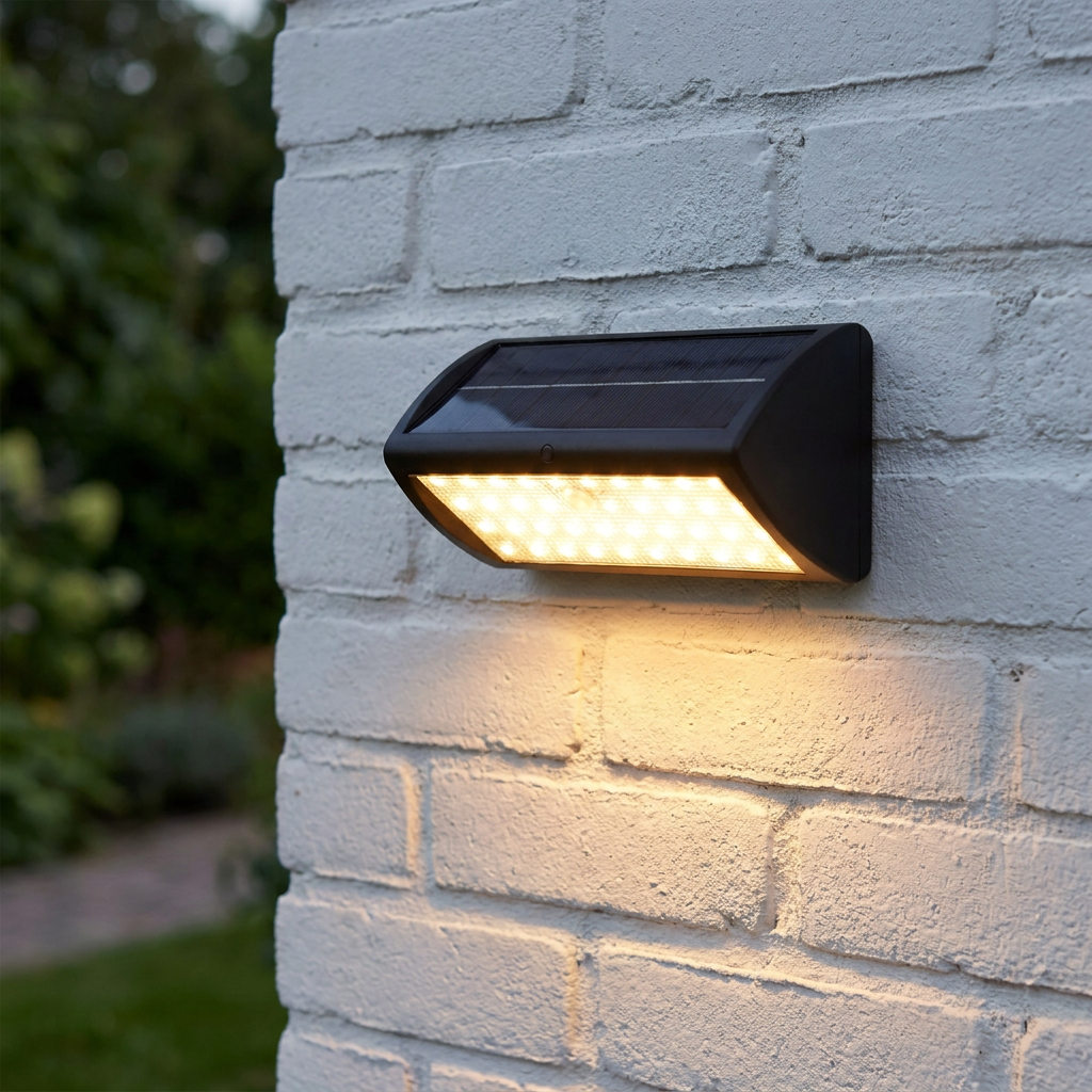 Grey solar LED PIR wall light mounted on a white brick wall, emitting a warm glow downwards.
