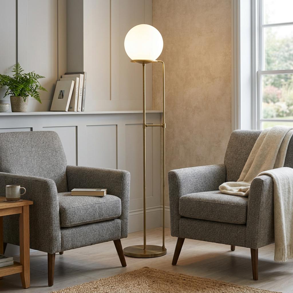 Lit brass floor lamp with a white glass globe shade positioned between two grey fabric armchairs in a lounge.