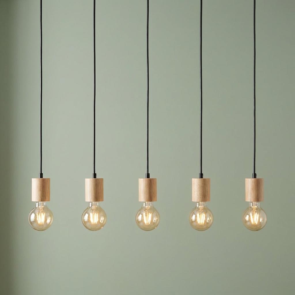 Five pendant lights with wooden sockets and exposed glowing bulbs hanging against a light green wall.