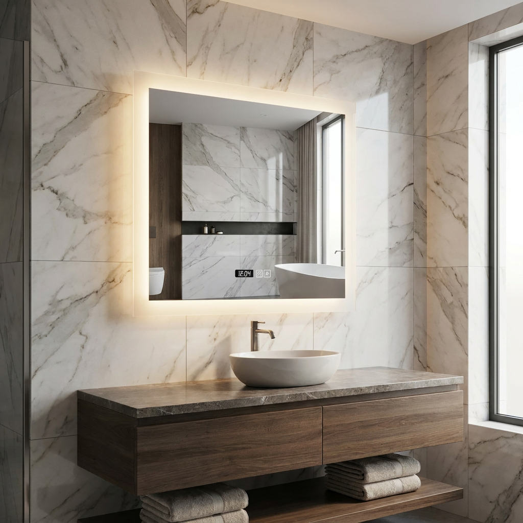 Illuminated square bathroom mirror with digital clock above a bowl sink in a modern marble bathroom.