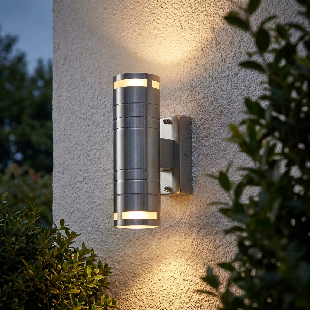 A cylindrical stainless steel up and down wall light illuminated on a textured exterior wall surrounded by greenery.