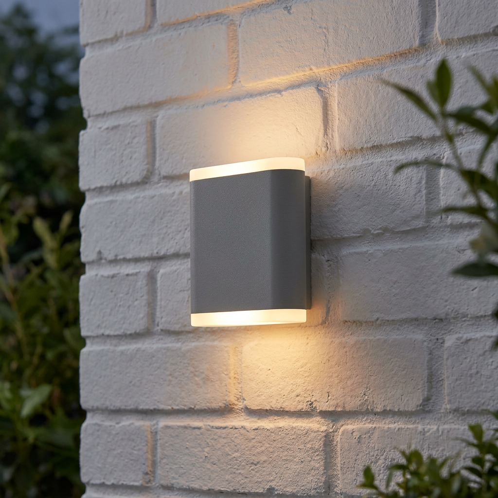 Modern grey Searchlight Stratford LED wall light with glowing up and down bands mounted on a white brick exterior.