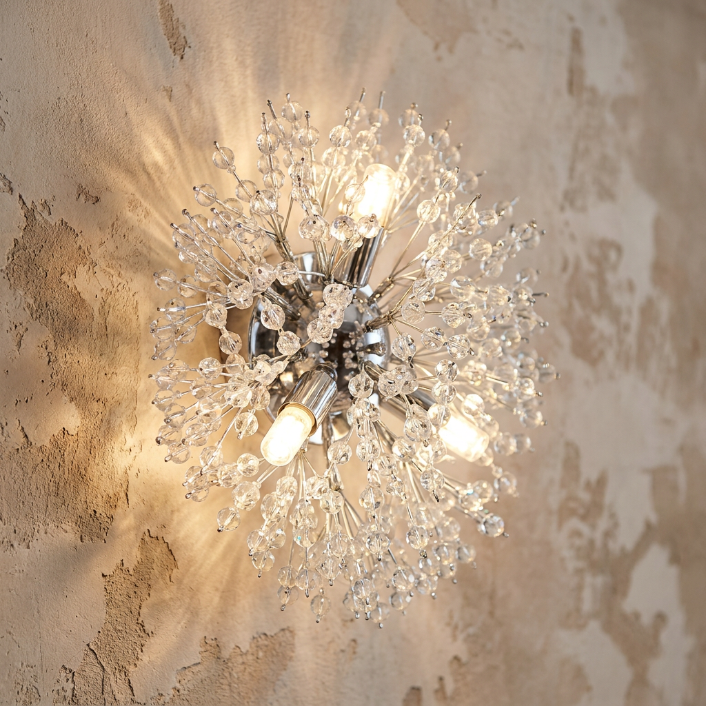 Sunburst wall light with chrome spokes and glass beads, glowing on a textured plaster wall.