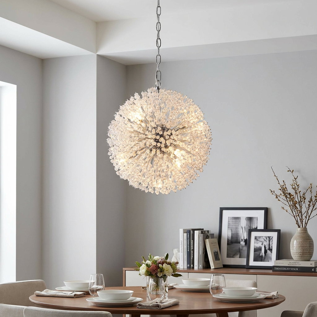 Large chrome and glass bead sunburst pendant light hanging above a set dining table in a contemporary room.