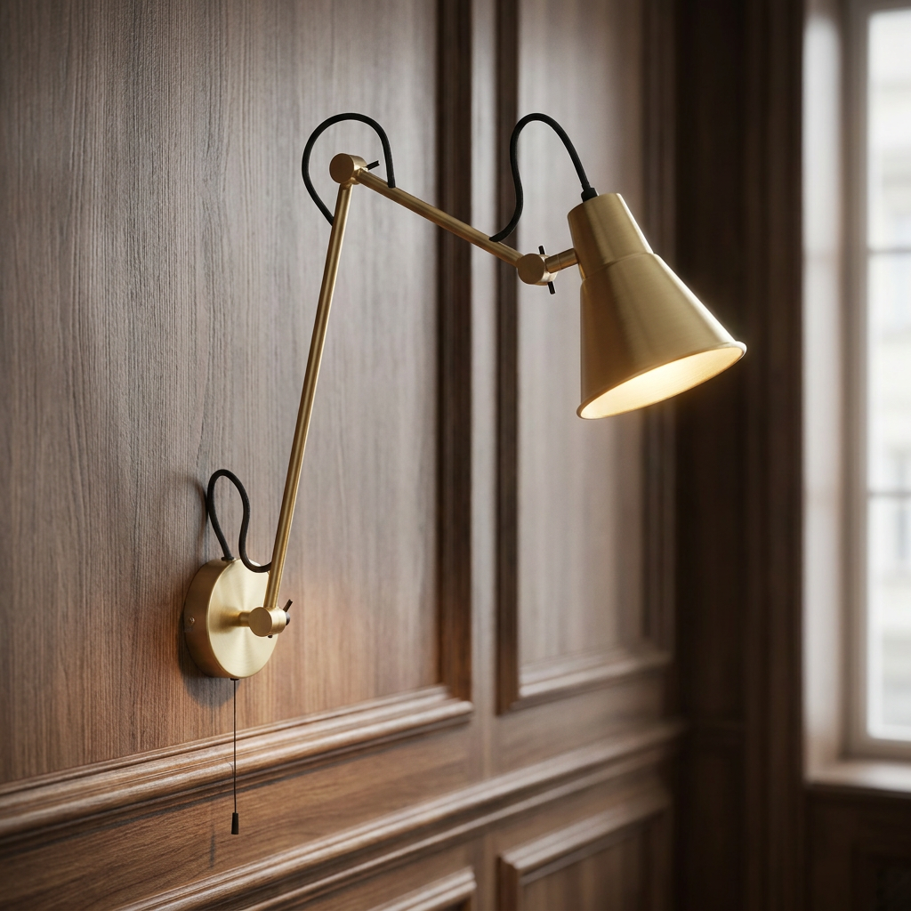 Brass swing arm wall lamp with a cone shade mounted on dark wood paneling, illuminated.