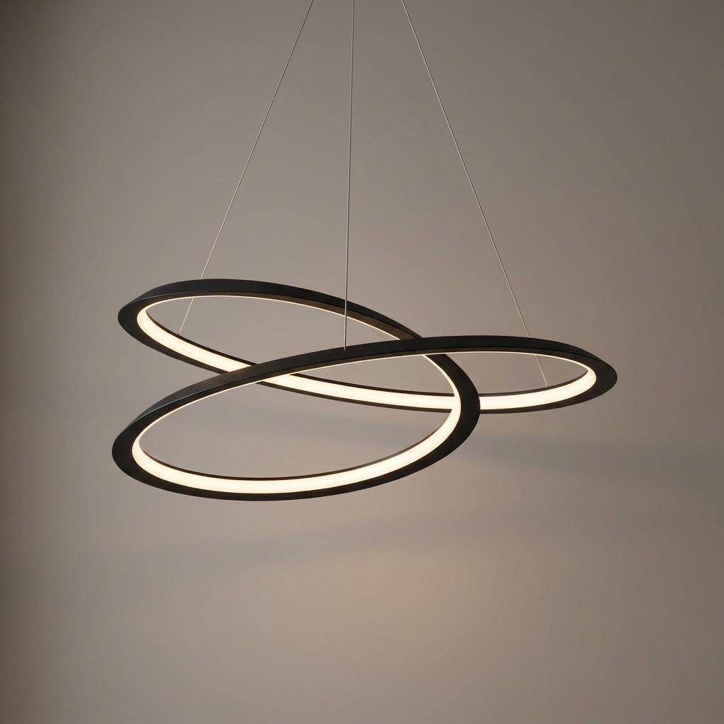 Modern LED ceiling pendant featuring two interlocking black and opal rings suspended by wires.