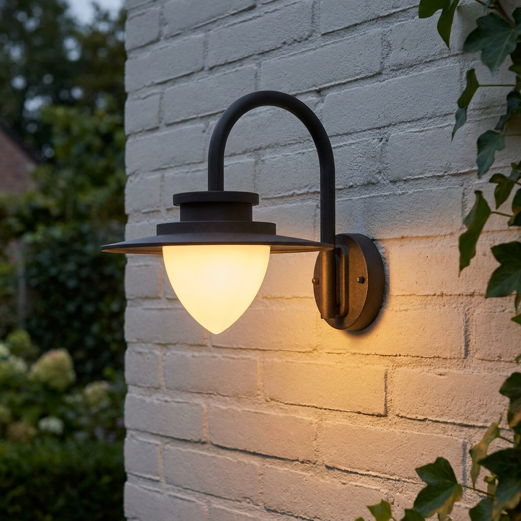A graphite outdoor wall light with a warm glowing cone shade mounted on a white brick wall.