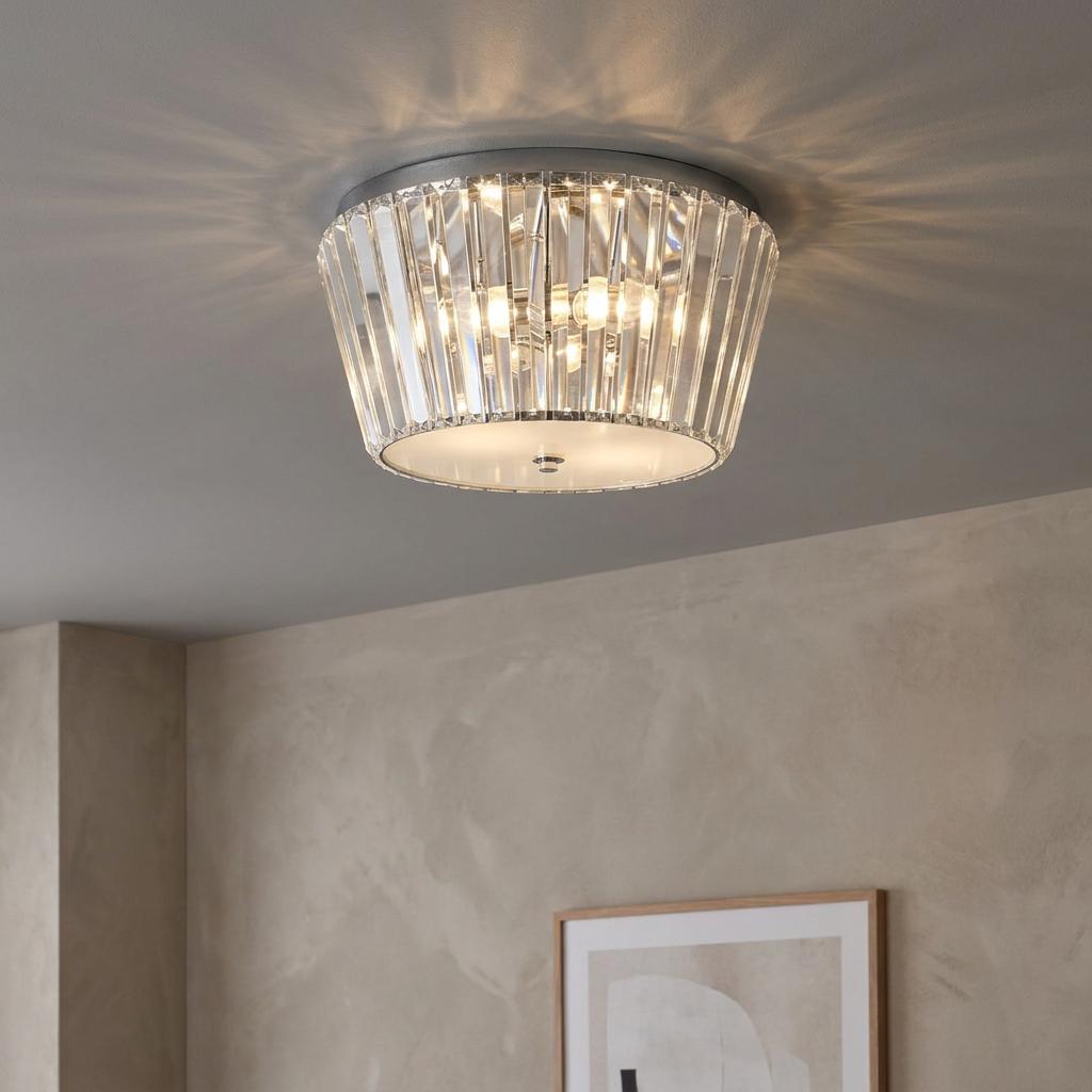 Searchlight Tiara 3 Chrome Flush Ceiling Light with glass slats casting decorative light patterns on a grey ceiling.