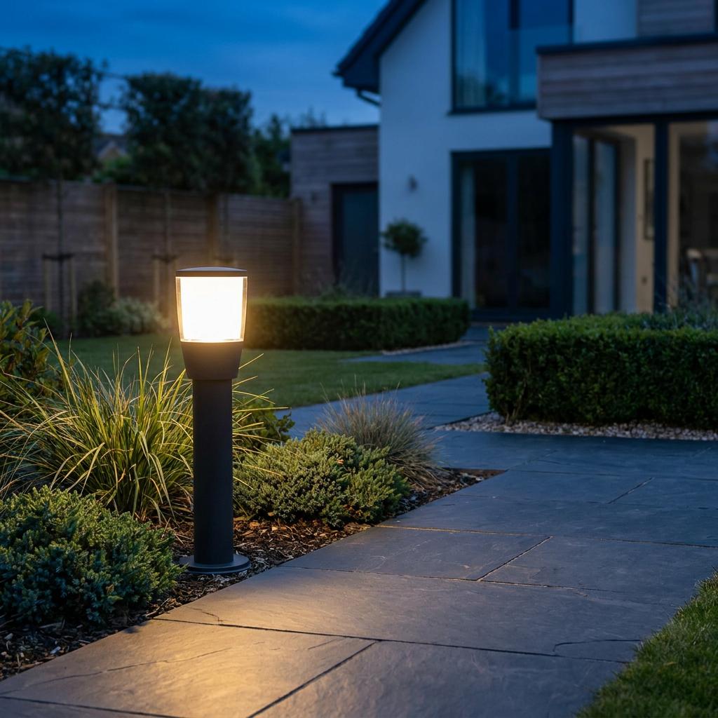 Modern black bollard light glowing warmly beside a slate garden path at dusk with a house in the background.