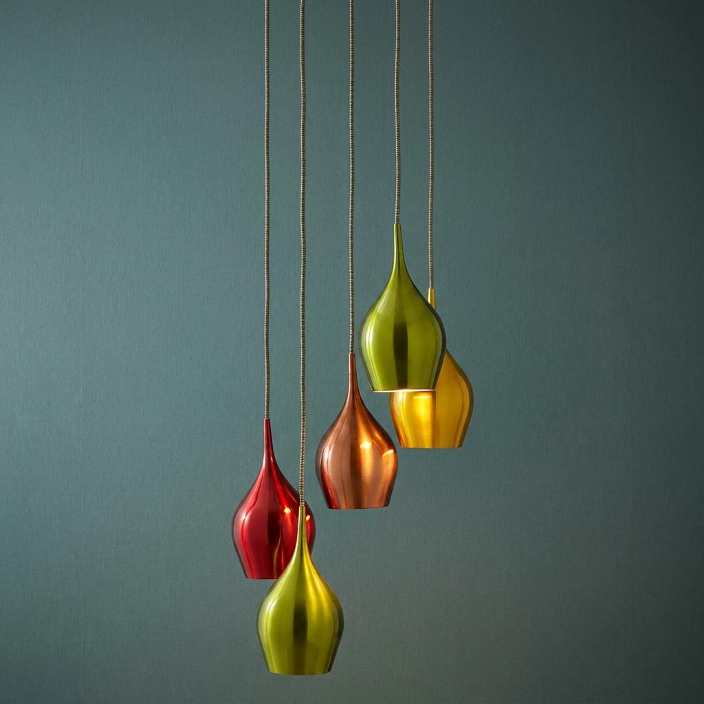 Multi-colored metallic teardrop pendant lights suspended at varying heights against a dark teal wall.