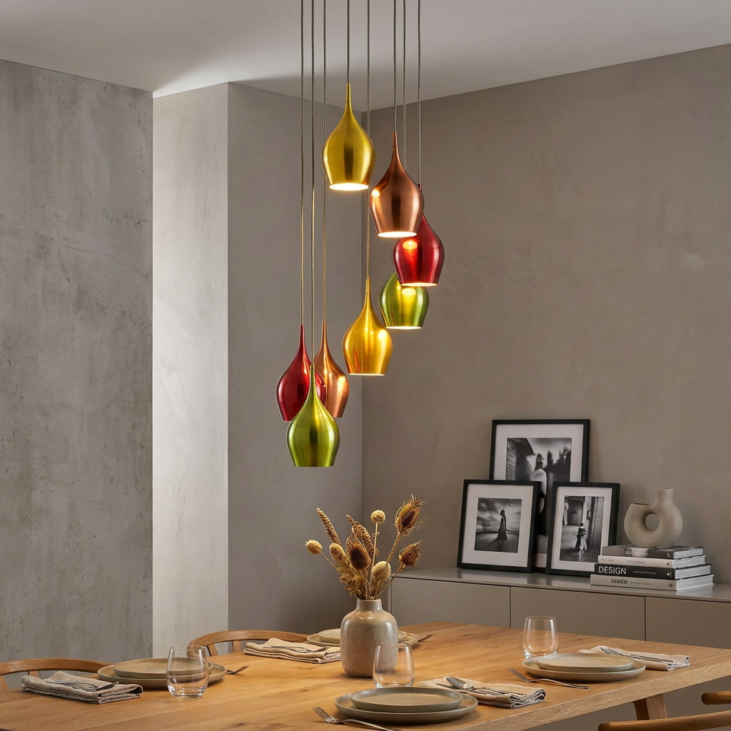 Vibrant multi-colored teardrop pendant lights hanging over a modern wooden dining table in a minimalist room.