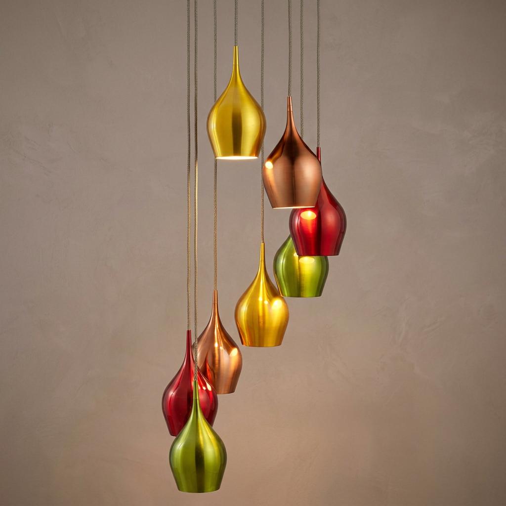 Vibrant eight-light multi-drop pendant fixture with colorful metallic teardrop shades hanging at varied heights.