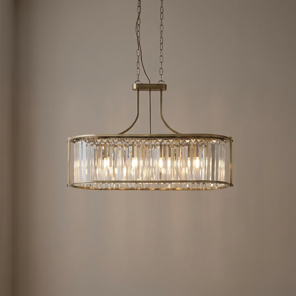 An oval brass pendant light with clear glass crystal bars, hanging by chains in front of a neutral wall.