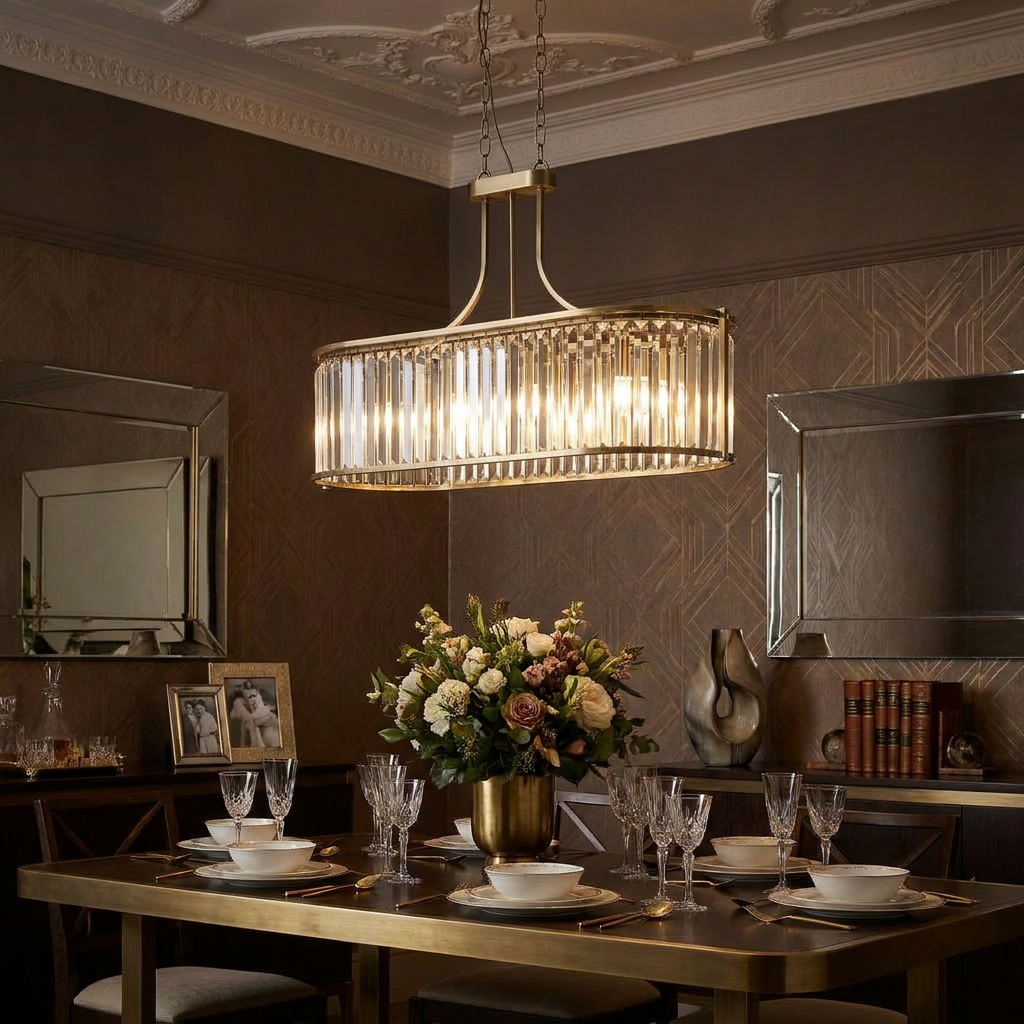 Luxury brass and crystal oval pendant light illuminated over a decorated dining room table.