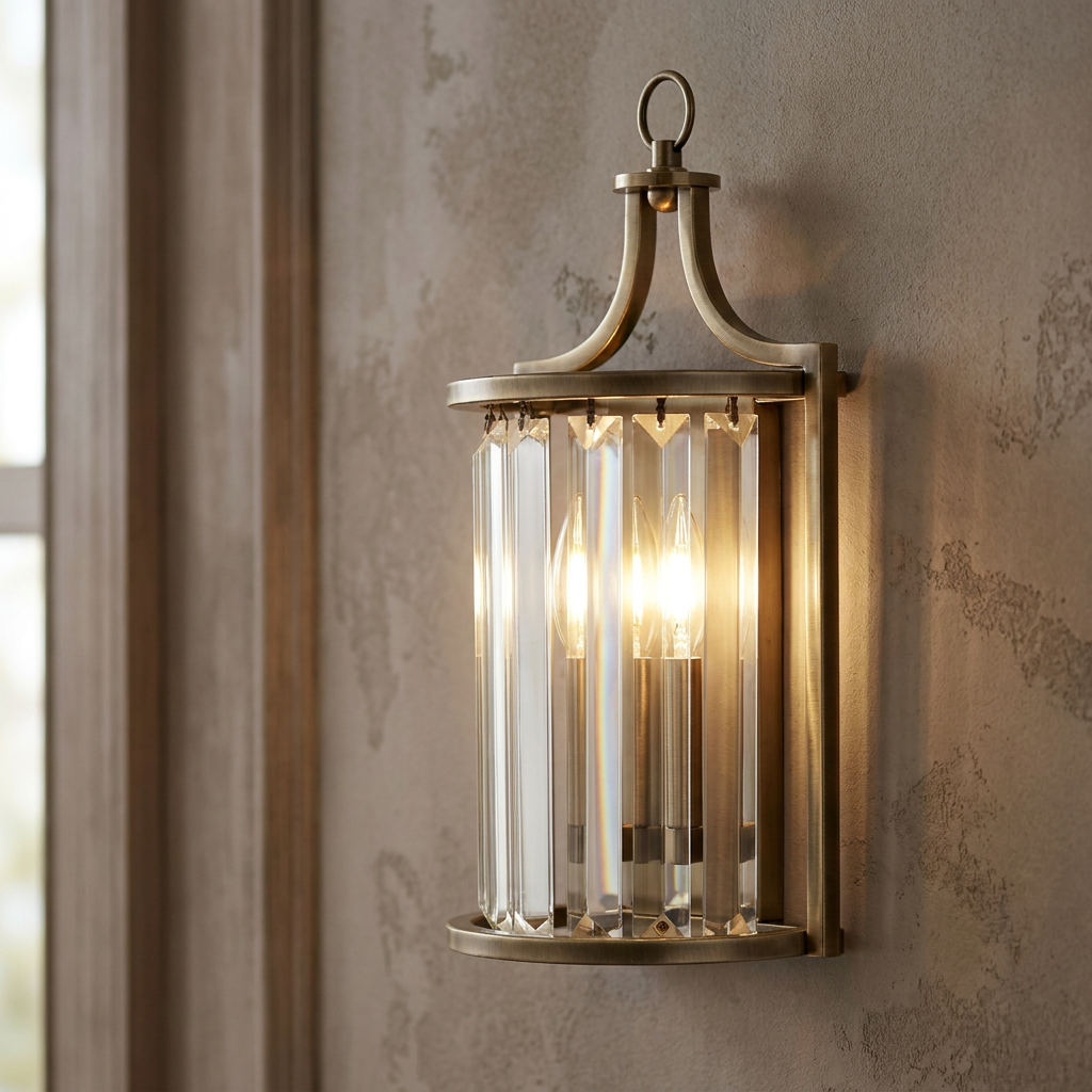 Elegant brass and crystal wall sconce with glowing candle bulbs mounted on a rustic textured wall.