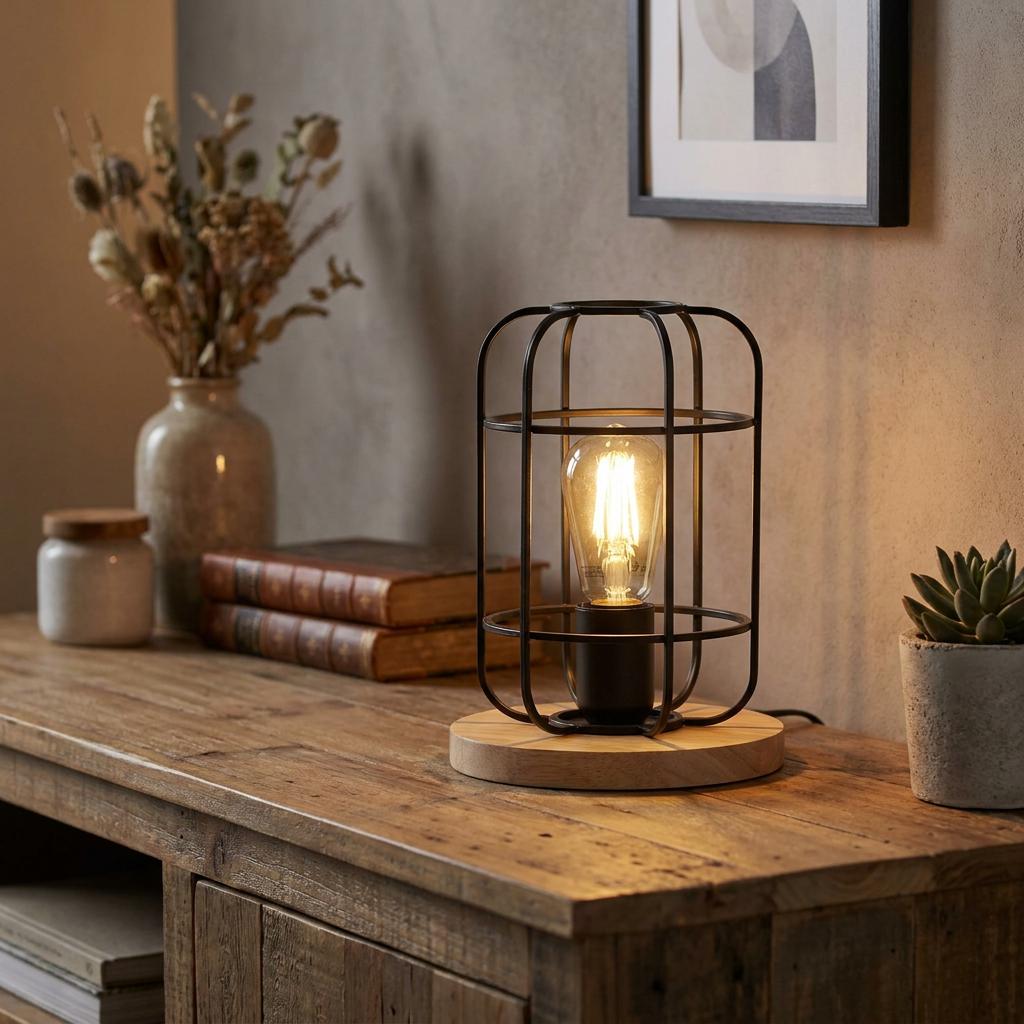Industrial black metal cage lamp with a wood base and filament bulb on a rustic wooden sideboard.