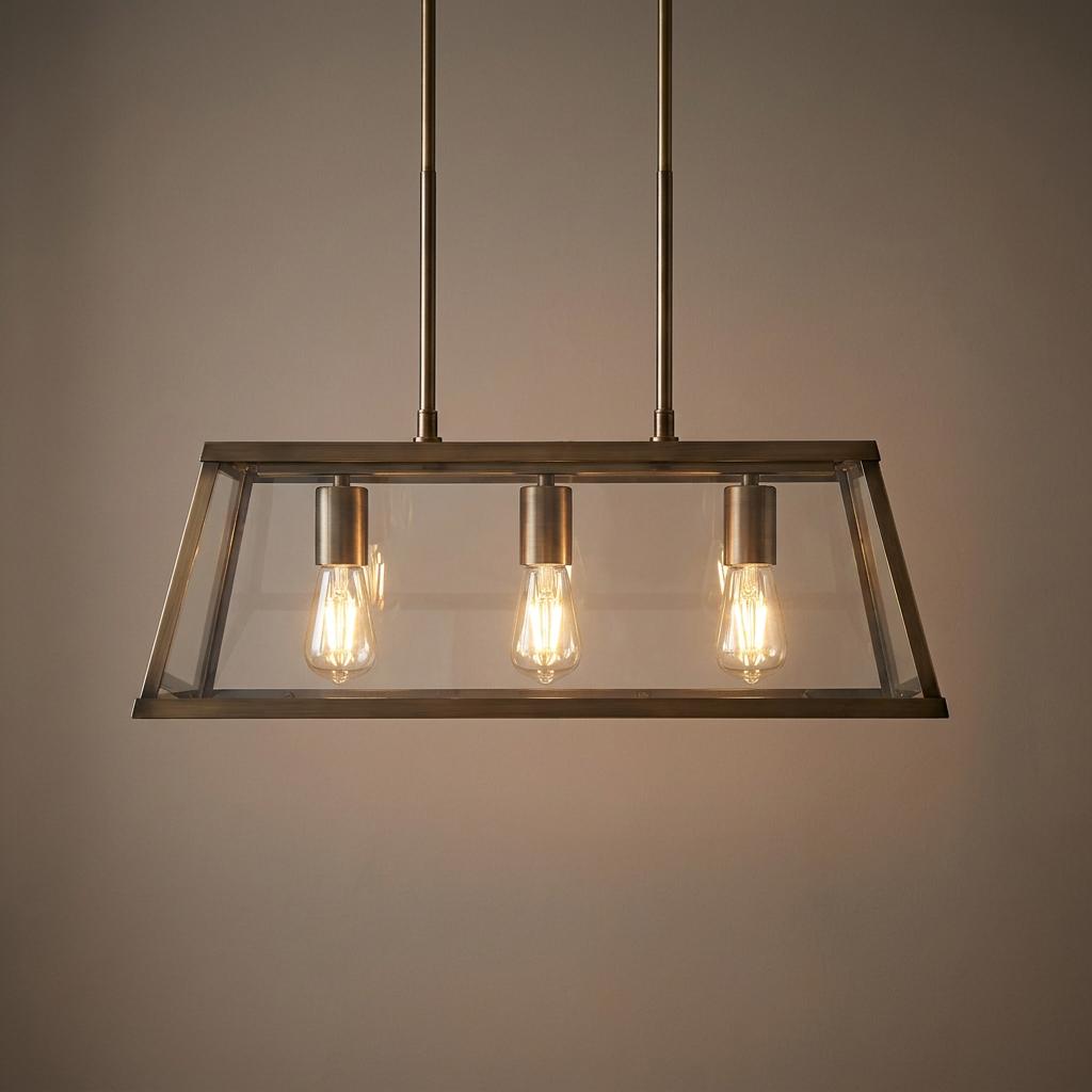 Brass and glass three-light lantern bar pendant with glowing filament bulbs against a neutral background.