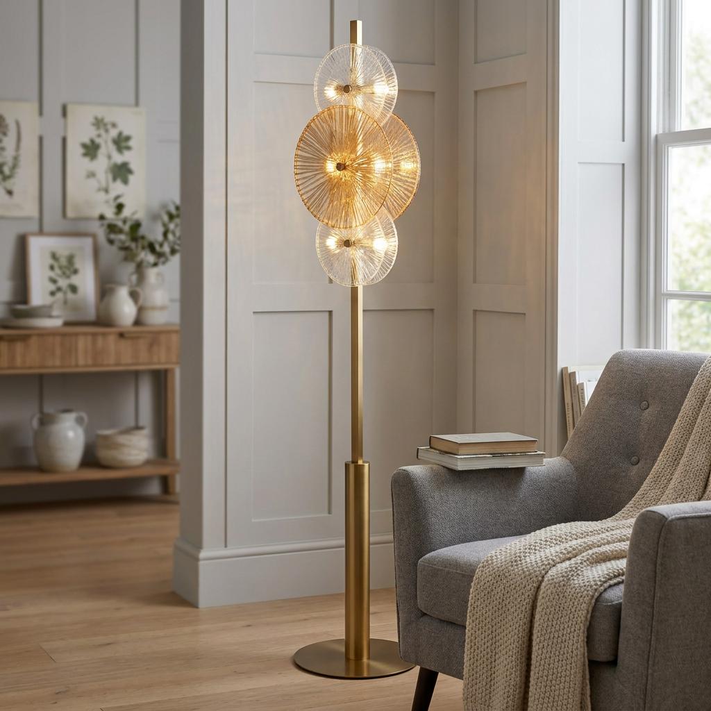 Searchlight Wagon Wheel 6 light bronze floor lamp with clear and amber glass discs next to a grey armchair.