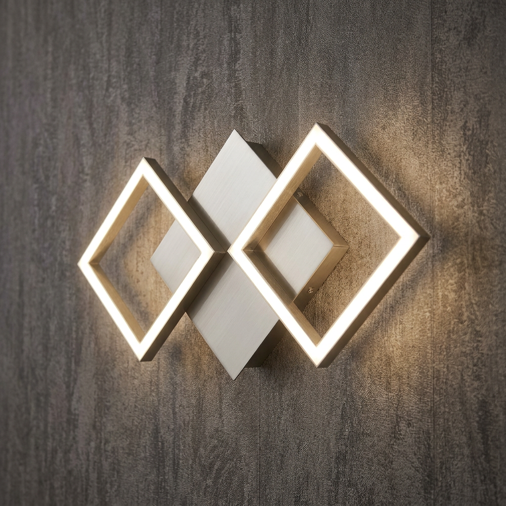 Two interlocking glowing square LED frames on a satin silver diamond base, mounted on a textured grey wall.