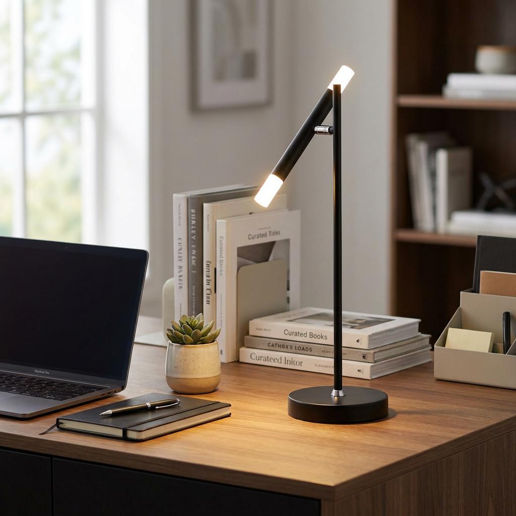 A minimalist black LED table lamp with a diagonal light wand on a wooden desk next to books and a laptop.
