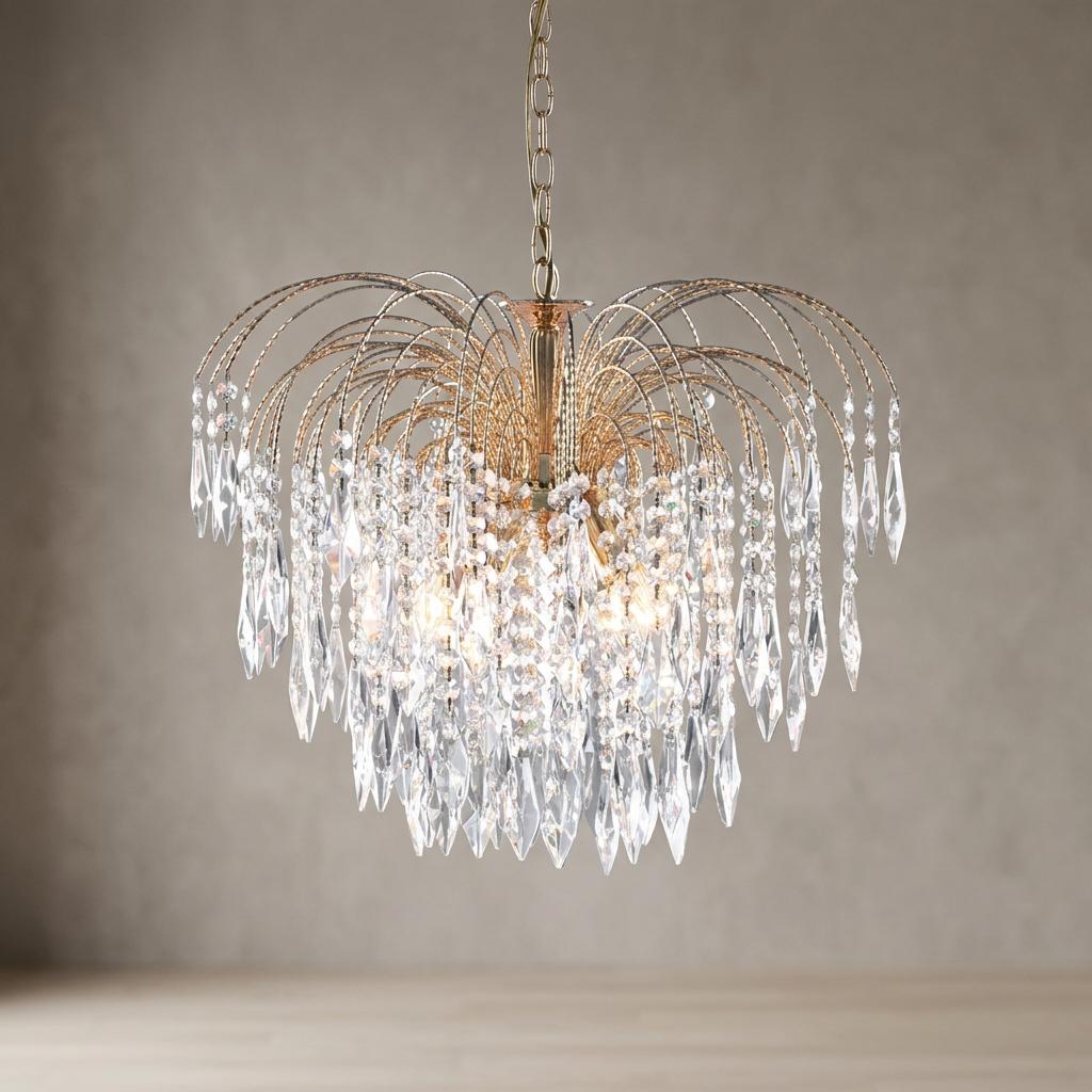 Ornate gold 5-light pendant chandelier with cascading glass crystals arranged in a waterfall design.