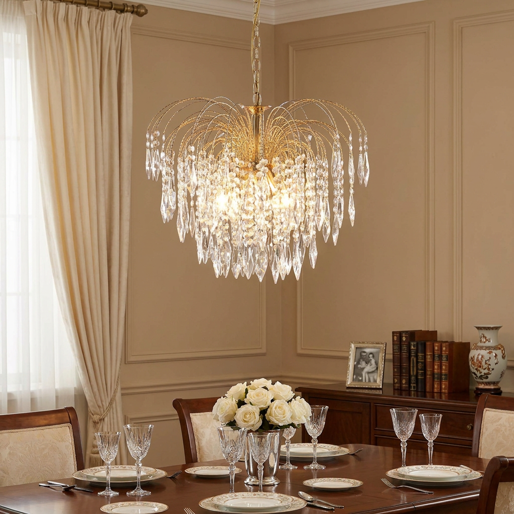 Gold and crystal waterfall chandelier illuminating a formal dining room table set with fine china and white roses.