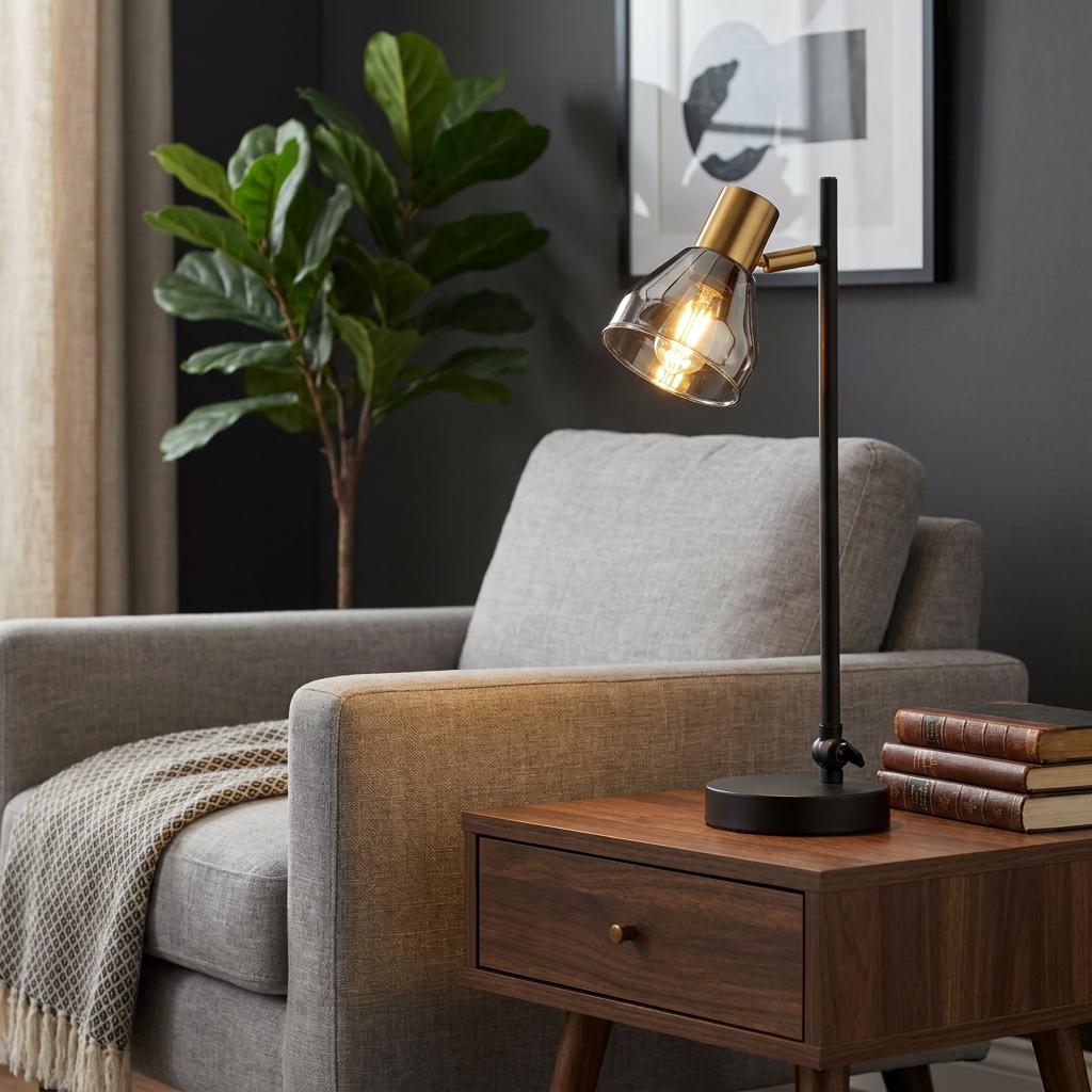 Lit Searchlight Westminster black and brass table lamp with smoked glass shade on a wooden side table in a cozy room.