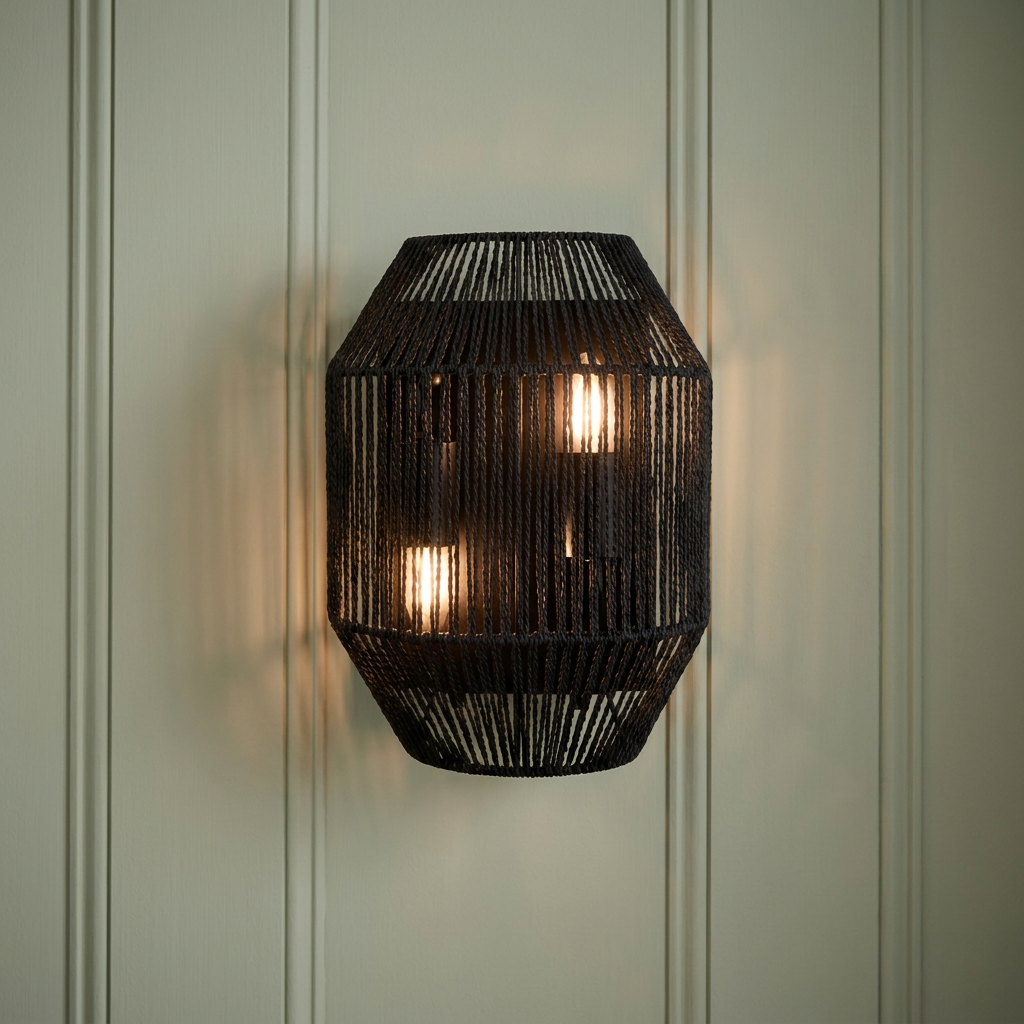 Black rope-effect wall light with two glowing bulbs mounted on a light green wood-paneled wall.