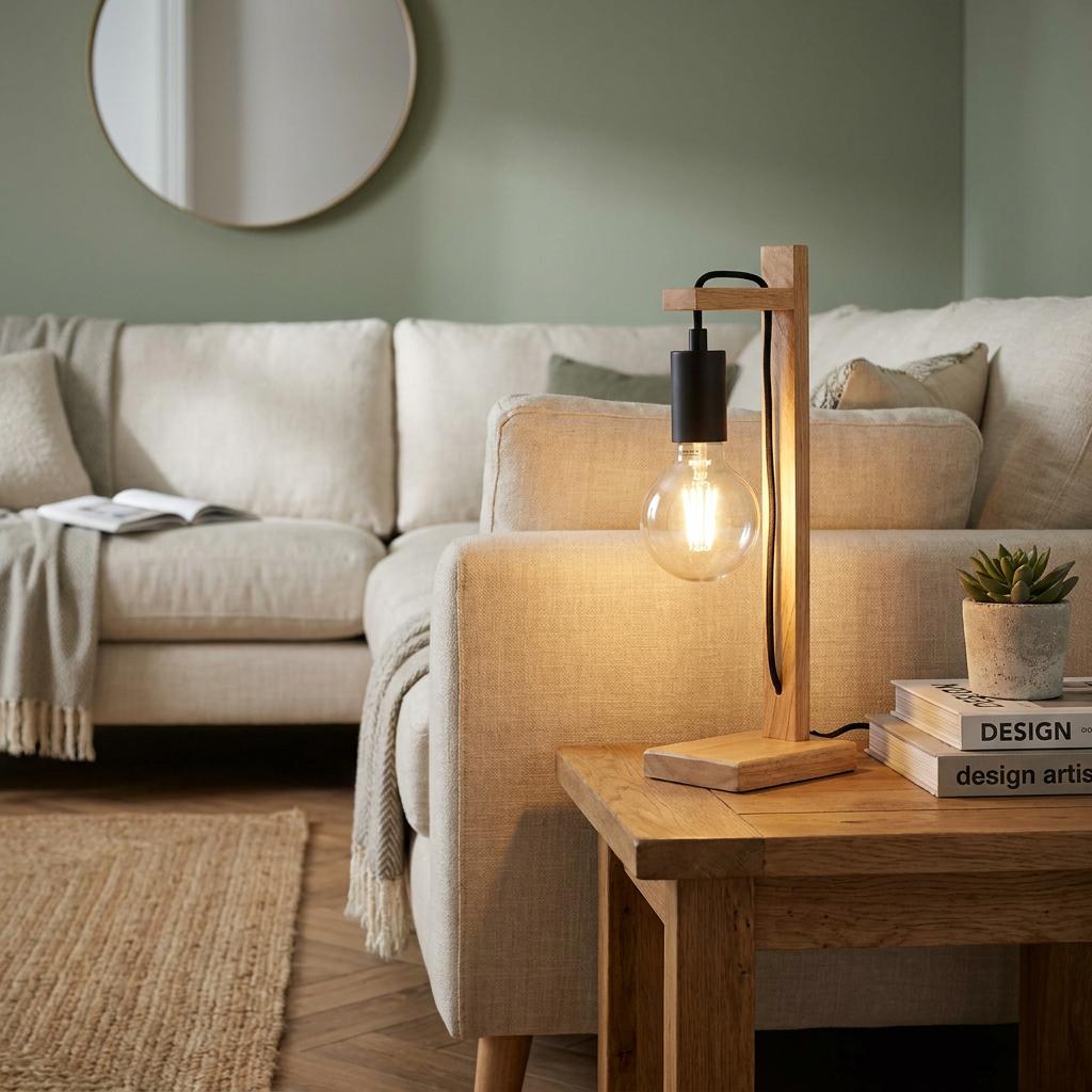 Wooden table lamp with a black socket and exposed bulb on a side table in a cozy living room setting.