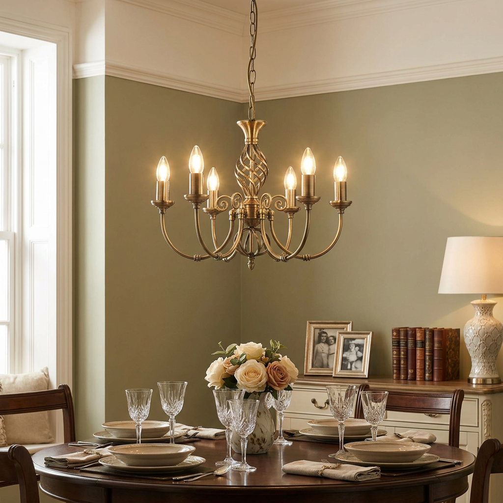 A six-light brass chandelier with candle-style bulbs hanging over a set dining table in a traditional dining room.