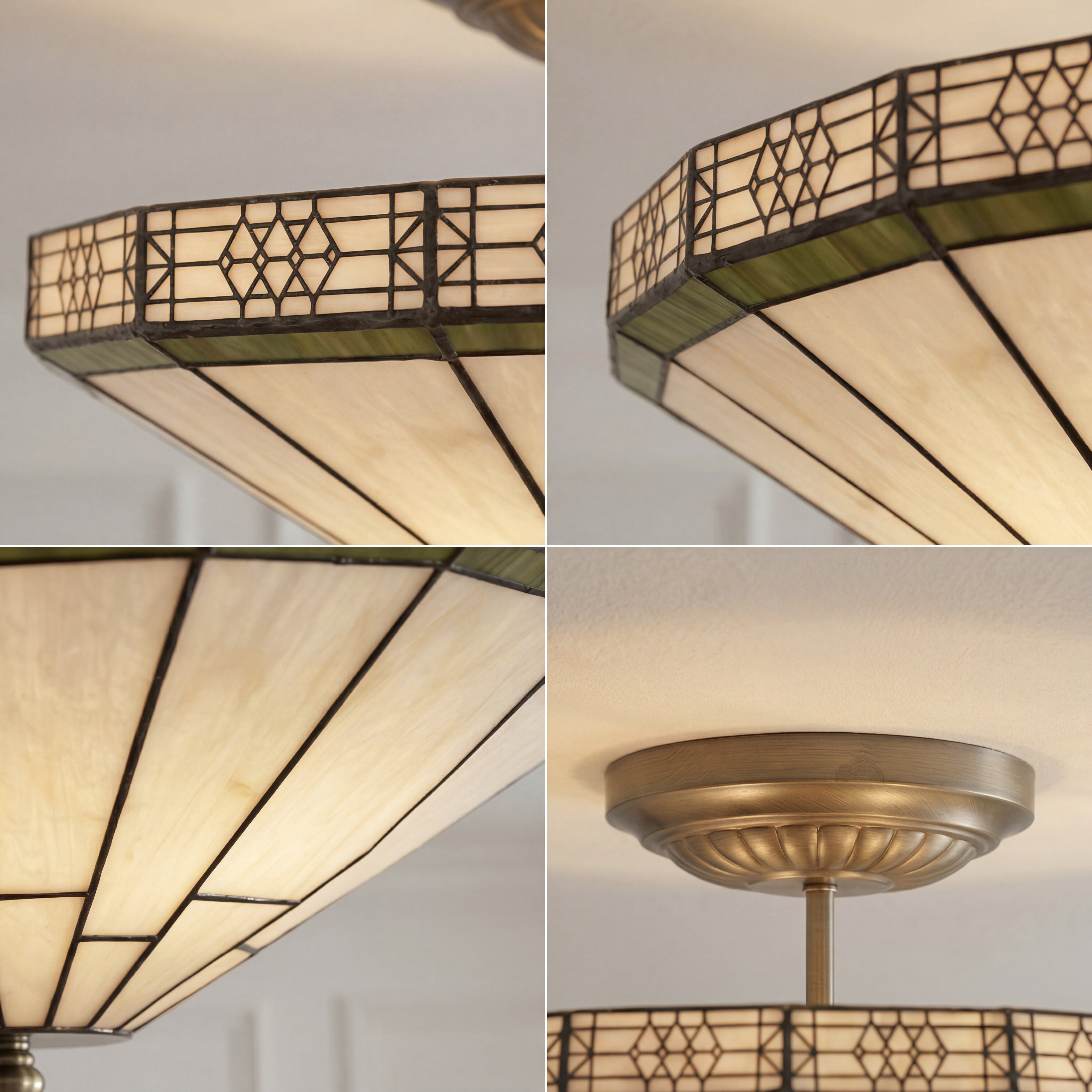 Collage of a decorative ceiling light fixture with geometric glass shade and bronze metal frame.