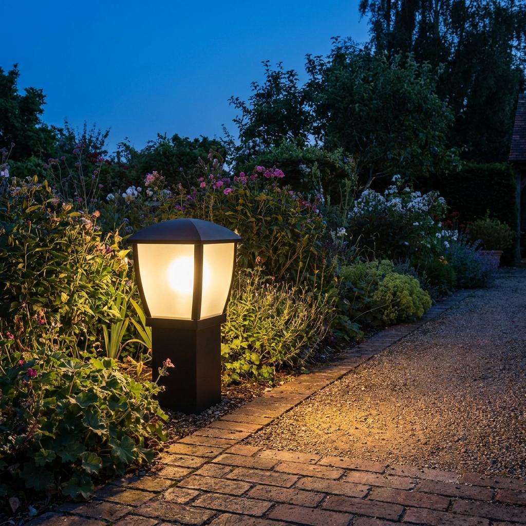 A black Seattle bollard post light illuminating a garden path and flowers at night.