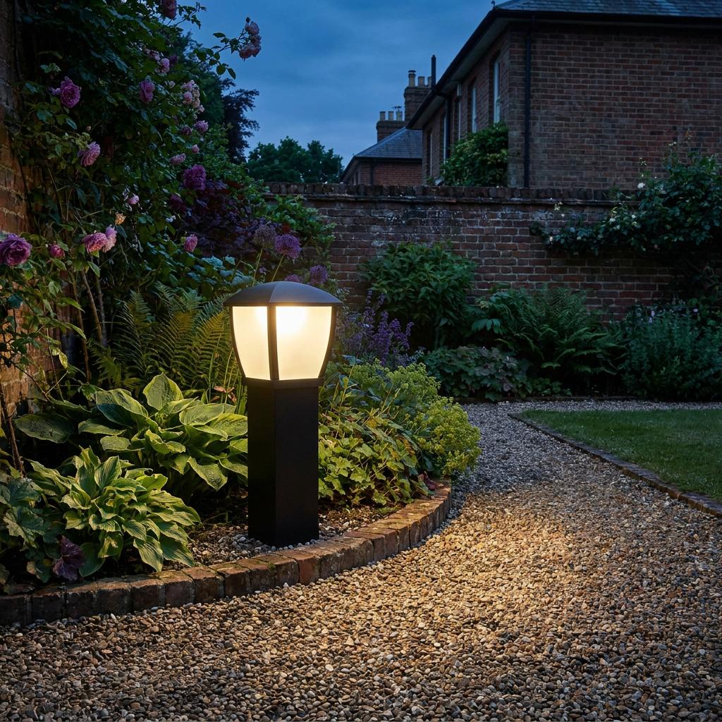 A black bollard post light glows on a gravel garden path surrounded by flowers and plants at dusk.