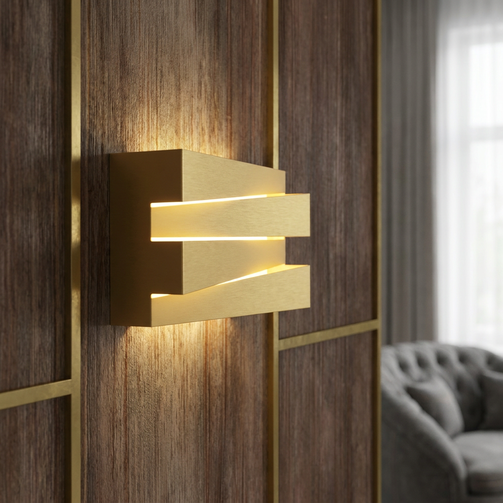 Modern satin brass wall light with a tiered, geometric design glowing on a dark wood-paneled wall.