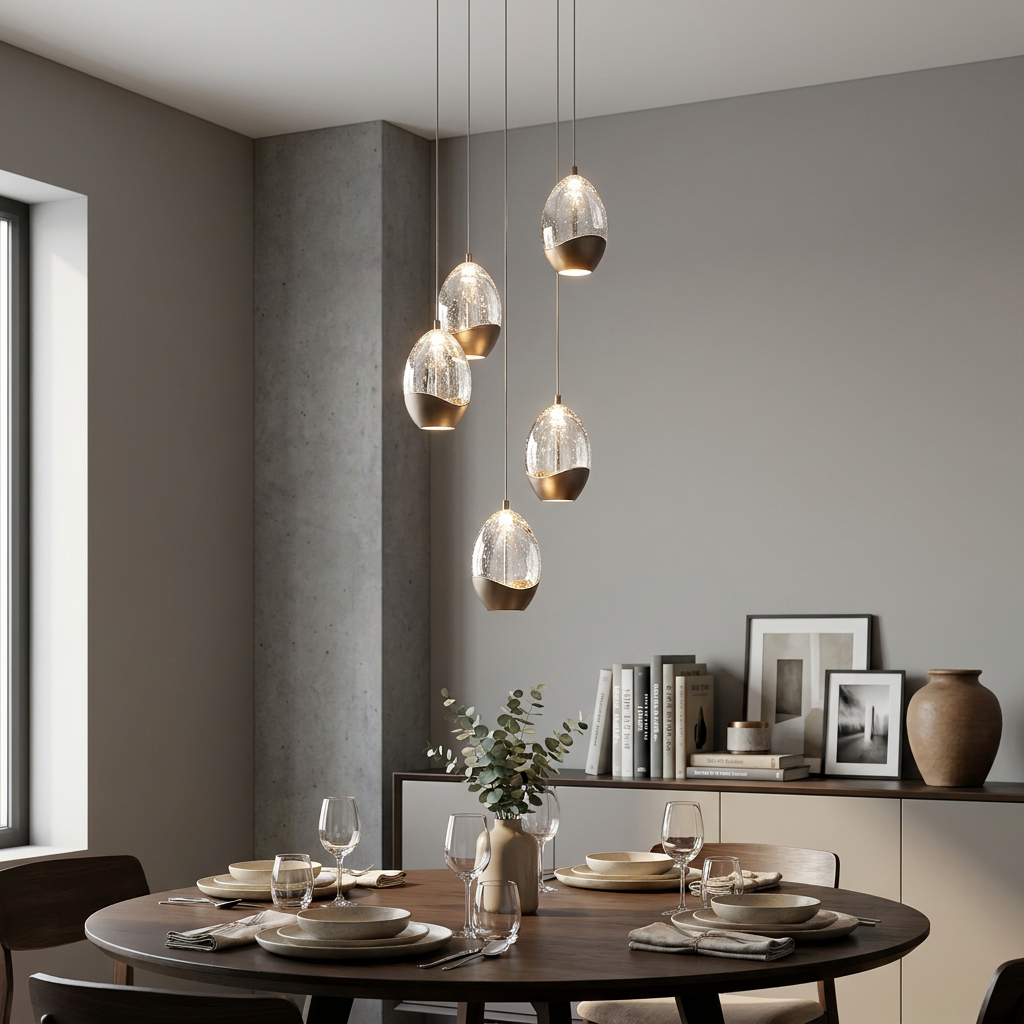 A five-light multi-drop pendant with seeded champagne glass shades hanging over a modern circular dining table.