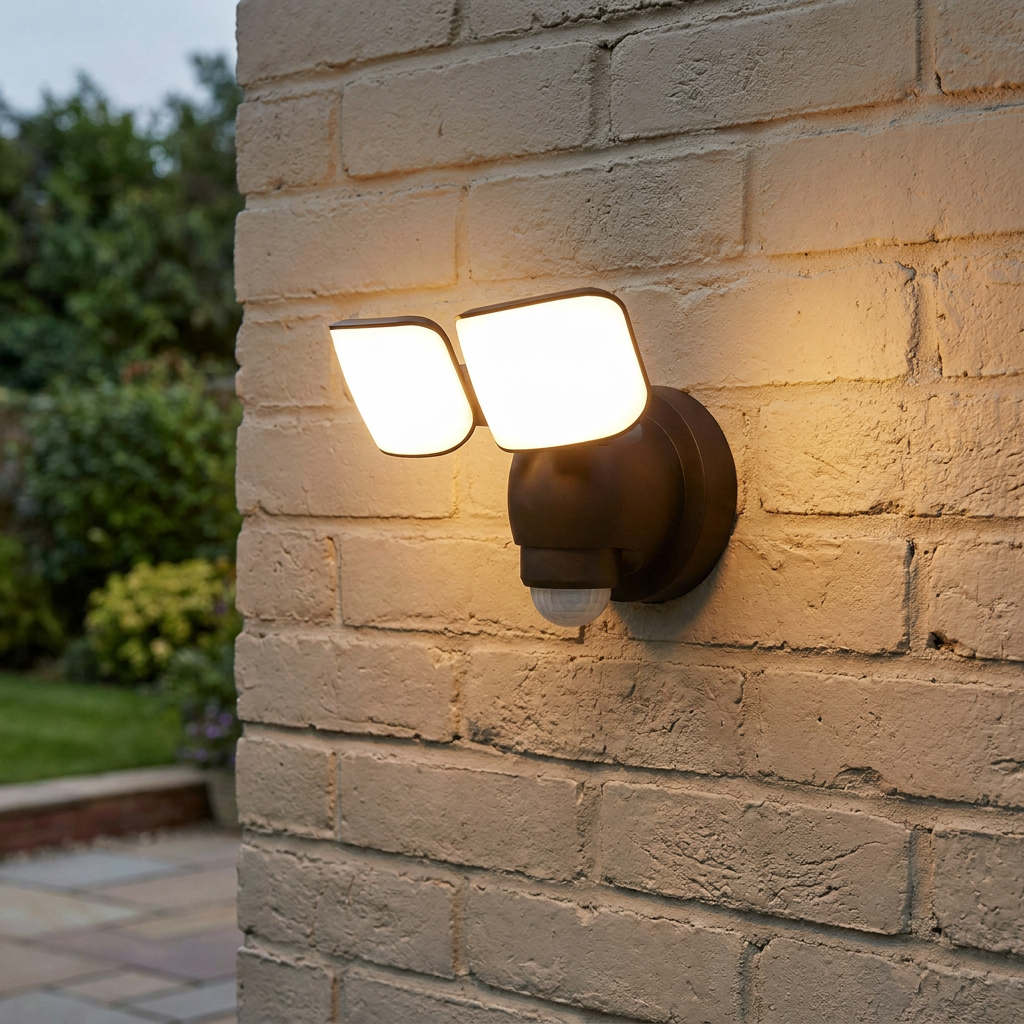 Black double LED security wall light with PIR sensor illuminated on a light brick garden wall.