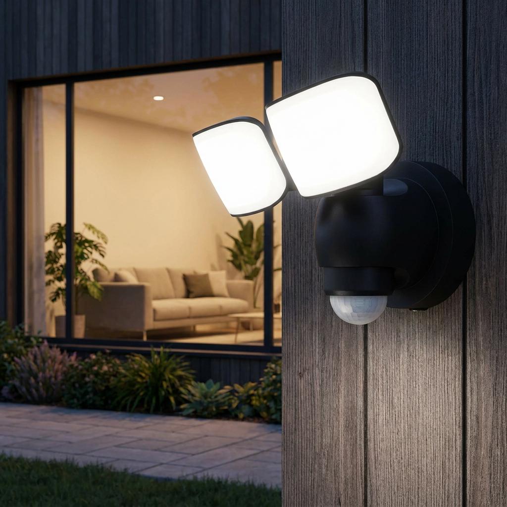 Modern black dual LED outdoor security light with PIR sensor mounted on a wood-clad wall near a glass window.